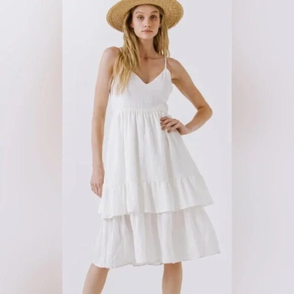 "NWT" Endless Rose Two Tiered  Midi Dress- Off White- Size Medium - Picture 1 of 12